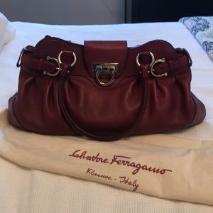 Authentic Salvatore Ferragamo Leather Marisa Bag, dark red